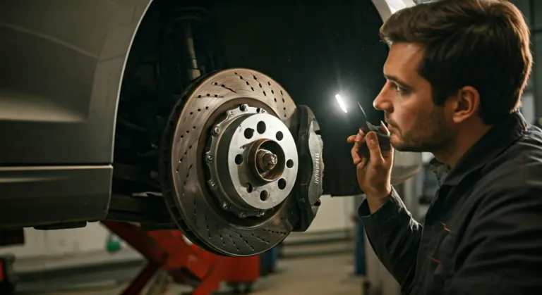 Após barulho ao frear, mecânico inspeciona pastilhas e discos de freio de carro importado