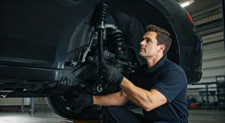 batida seca na suspensão: técnico inspecionando buchas, bieletas e amortecedor na dianteira de um carro importado