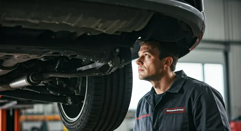 écnico inspecionando geometria e alinhamento da suspensão em veículo importado.