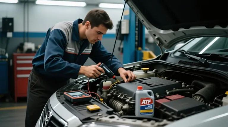 Manutenção câmbio automático Lavras: técnico mede parâmetros e prepara troca de ATF em importado.