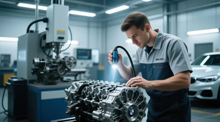 Retífica de motor importado em Lavras: técnico inspeciona bloco com iluminação de precisão.