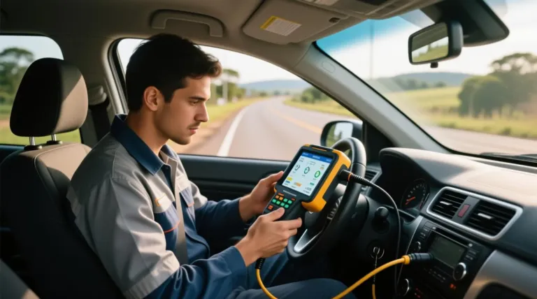 Diagnóstico automotivo avançado em Lavras: técnico usa scanner durante teste de rodagem