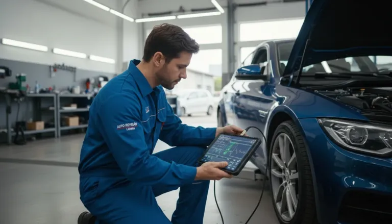 Mecânico realizando diagnóstico e revisão de carro importado em Lavras dentro de oficina especializada