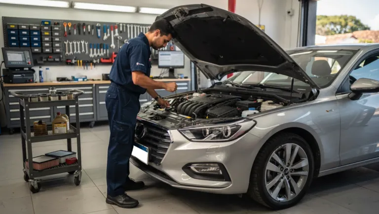 Mecânico realizando manutenção preventiva em carro importado em oficina especializada em Lavras