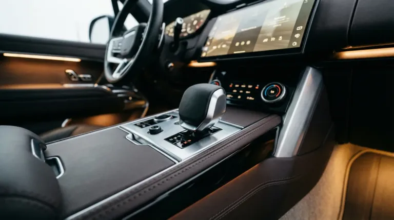 Close-up detalhado da alavanca de câmbio automático no console de um carro de luxo, ilustrando as transmissões DSG, Tiptronic e ZF.