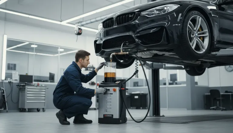 Técnico especializado analisando amostras de óleo de câmbio automático com refratômetro e ímã de neodímio para identificar partículas metálicas de desgaste, comparando fluido novo (vermelho brilhante) com óleo degradado (preto opaco) em workshop de importados em Lavras/MG"