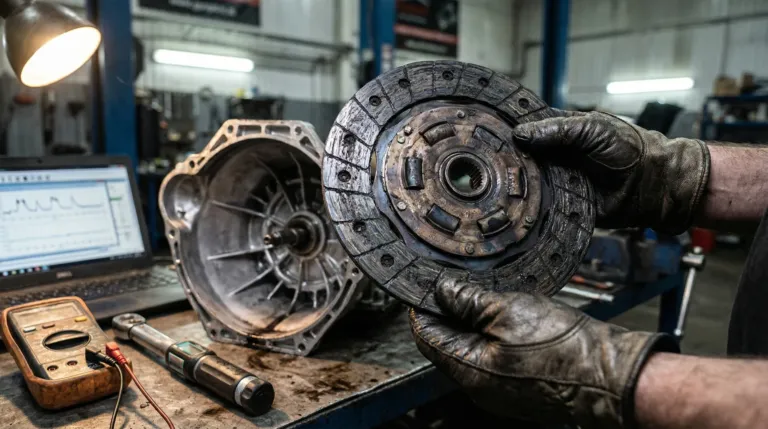 Disco de fricção de câmbio automático severamente queimado por patinação, diagnosticado na Car Tech Garage.