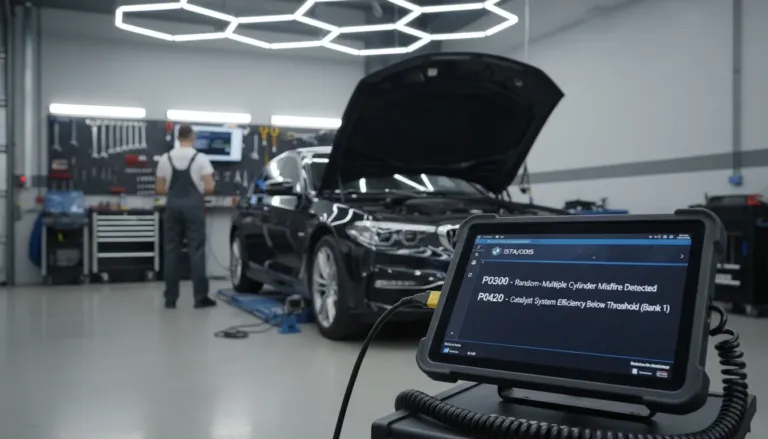 Scanner ISTA/ODIS exibindo códigos de falha P0300 e P0420 em diagnóstico de luz de injeção acesa em BMW/Audi em Lavras/MG