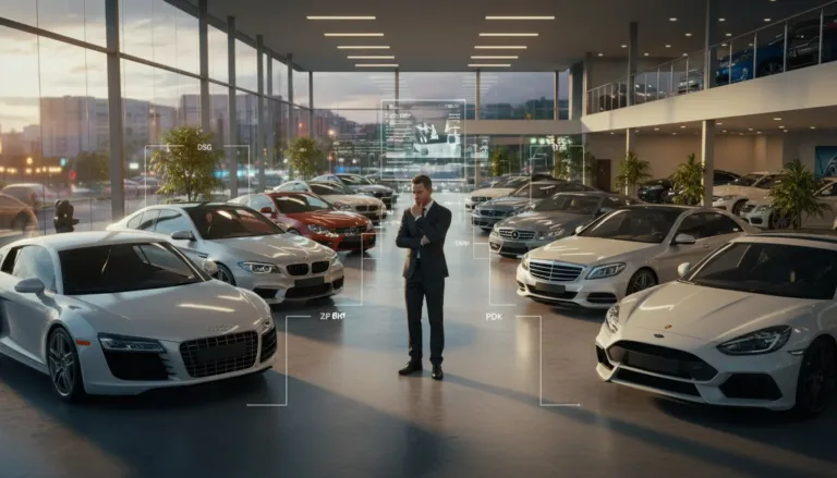 Comparação técnica dos três principais tipos de câmbio automático (DSG, ZF 8HP e Tiptronic) sobre a bancada da Car Tech Garage em Lavras, ilustrando escolha ideal para compra de carro importado.