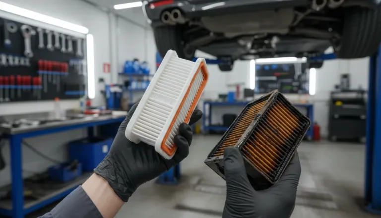 Mecânico comparando um filtro de óleo de câmbio automático ZF 8HP novo e limpo com um filtro usado e sujo de óleo queimado, durante manutenção de BMW em oficina especializada em Lavras.