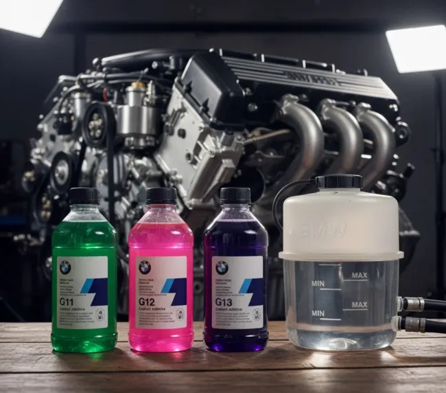 Frascos de aditivo de radiador G11 verde, G12 rosa e G13 violeta ao lado de reservatório de expansão BMW para comparação de especificações em oficina em Lavras/MG