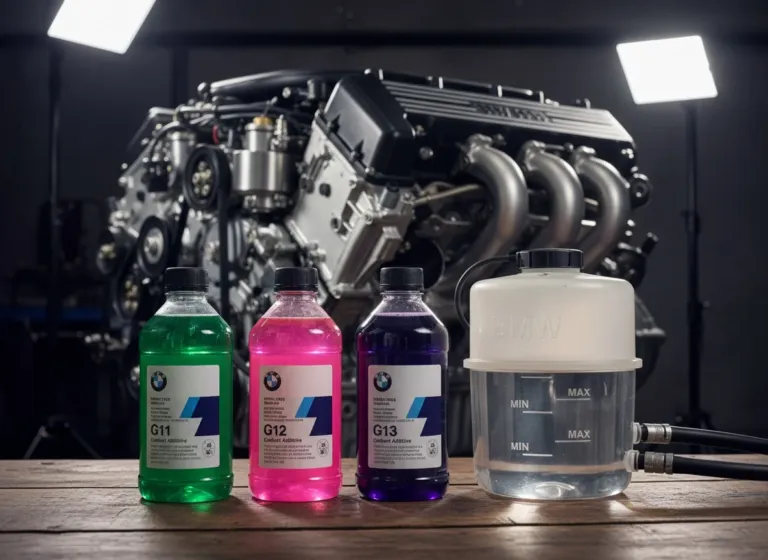 Frascos de aditivo de radiador G11 verde, G12 rosa e G13 violeta ao lado de reservatório de expansão BMW para comparação de especificações em oficina em Lavras/MG