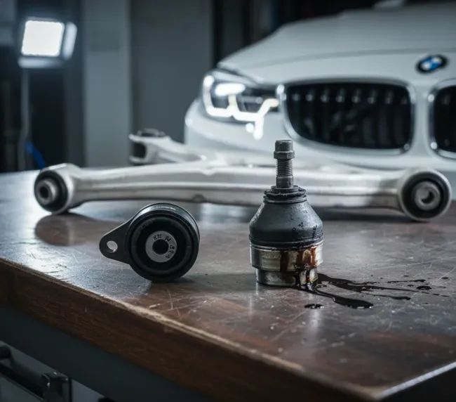 Comparação entre hidrobucha nova OEM e hidrobucha usada com vazamento de fluido visível em braço de suspensão BMW, diagnóstico em Lavras/MG