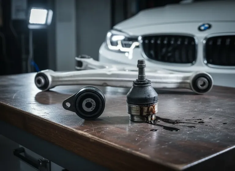 Comparação entre hidrobucha nova OEM e hidrobucha usada com vazamento de fluido visível em braço de suspensão BMW, diagnóstico em Lavras/MG