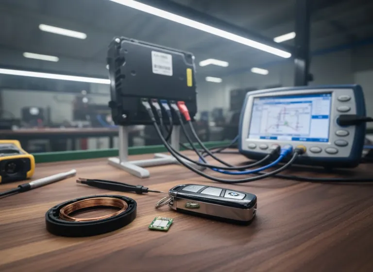 Chave codificada BMW aberta com transponder visível ao lado de anel transceptor e scanner ISTA conectado ao módulo CAS3 para diagnóstico de imobilizador em Lavras/MG
