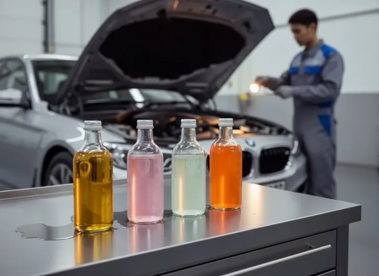 Cheiro no interior do carro — frascos com fluidos automotivos representando óleo, arrefecimento, combustível e freio, com técnico inspecionando BMW ao fundo em oficina em Lavras/MG