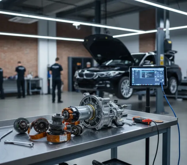 Caixa de direção elétrica EPS de BMW desmontada mostrando motor elétrico, sensor de torque e engrenagem, diagnóstico em oficina especializada em Lavras/MG