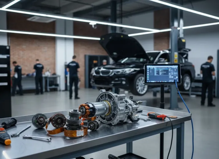 Caixa de direção elétrica EPS de BMW desmontada mostrando motor elétrico, sensor de torque e engrenagem, diagnóstico em oficina especializada em Lavras/MG