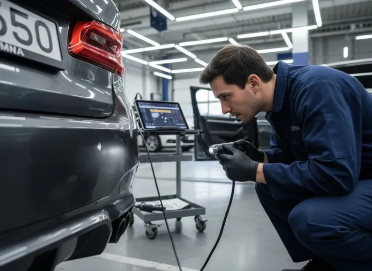 Técnico inspecionando sensor de estacionamento ultrassônico em para-choque de BMW/Audi com scanner profissional ao fundo em oficina especializada em Lavras/MG