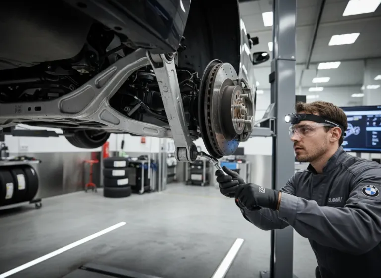 Técnico inspecionando suspensão multilink e sistema de freios de BMW no elevador em oficina especializada em Lavras/MG