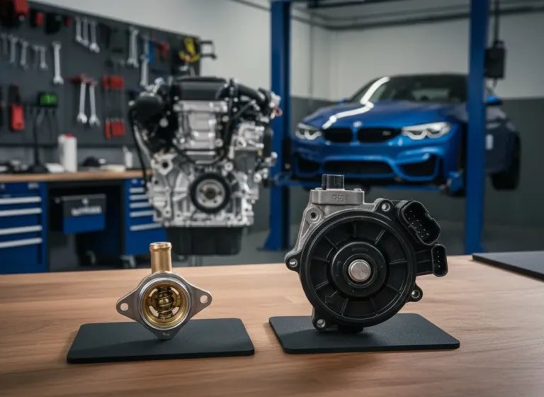 Comparação entre válvula termostática convencional e eletrônica MAP-controlled com conector e sensor, para motores BMW N20/N55 em oficina em Lavras/MG