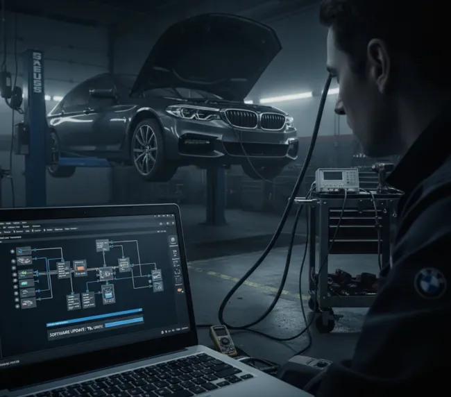 Técnico realizando atualização de software da ECU de BMW via ISTA em oficina especializada em Lavras/MG, com tela mostrando plano de atualização de módulos eletrônicos