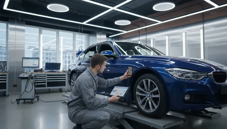 comprar carro importado usado. Técnico realizando inspeção pré-compra em BMW Série 3 com espessímetro e scanner de fábrica em oficina especializada em Lavras/MG