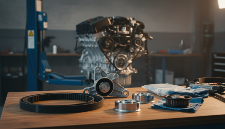 Kit completo de correia poly-V, tensor automático, rolamentos de apoio e polia roda-livre OAP para BMW N20, diagnóstico de barulho de correia no motor em oficina em Lavras/MG