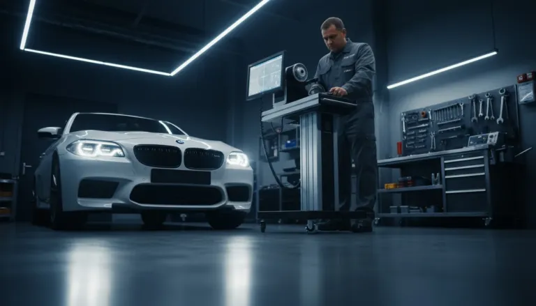 Técnico usando regloscópio profissional para regulagem de farol LED de BMW em oficina especializada em Lavras/MG, garantindo iluminação correta sem ofuscar outros motoristas