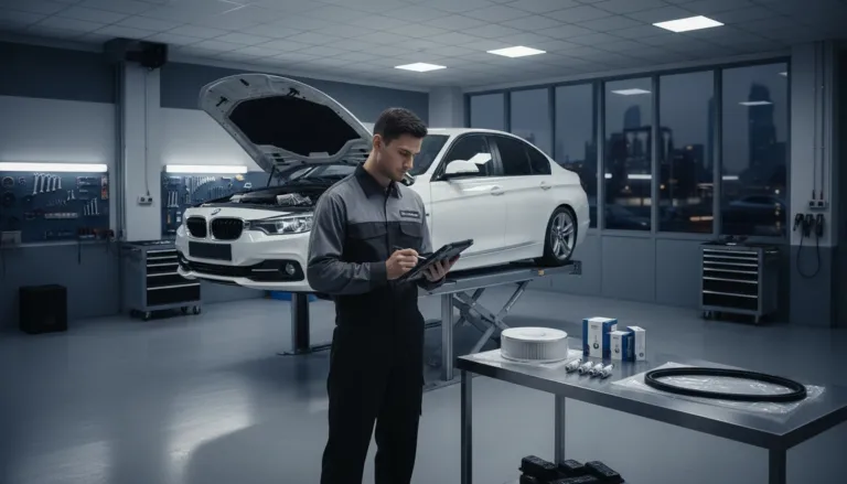 Revisão 50000 km Importados. BMW 320i no elevador com capô aberto durante revisão de 50.000 km com peças OEM organizadas em bancada e mecânico com checklist digital em oficina Car Tech Garage em Lavras/MG