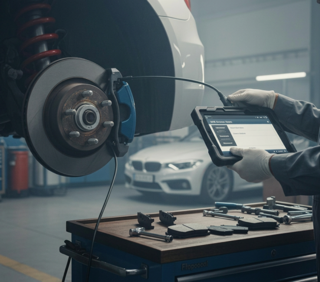 Técnico realizando troca de pastilha do freio de mão eletrônico (EPB) com scanner em BMW em oficina especializada em Lavras/MG, com tela mostrando modo de serviço EPB ativo