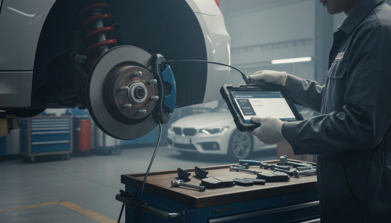 Técnico realizando troca de pastilha do freio de mão eletrônico (EPB) com scanner em BMW em oficina especializada em Lavras/MG, com tela mostrando modo de serviço EPB ativo