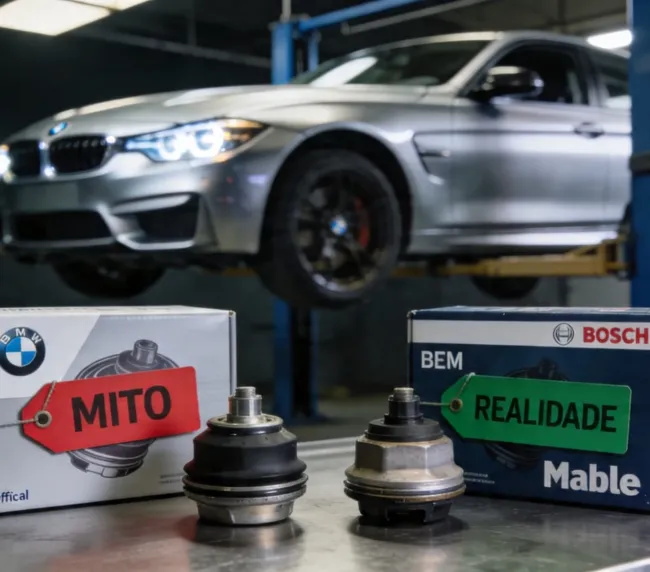 Mitos manutenção importados — comparação visual entre peça original BMW/Audi e peça OEM aftermarket Bosch/Mahle em oficina especializada em Lavras/MG