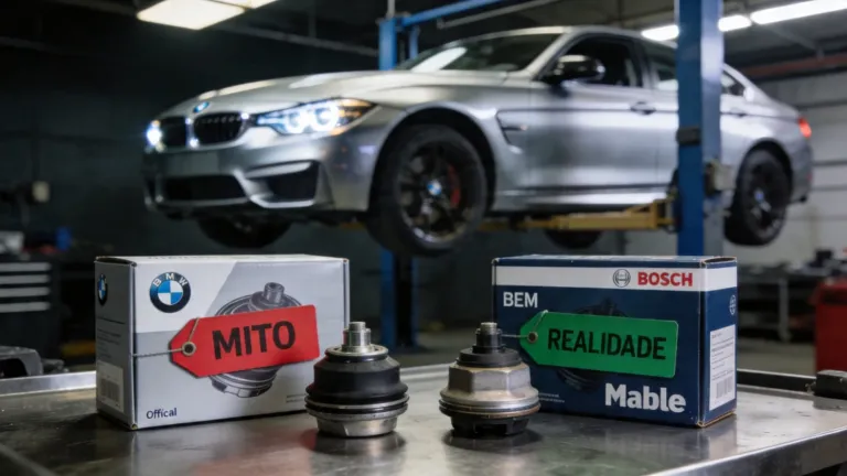Mitos manutenção importados — comparação visual entre peça original BMW/Audi e peça OEM aftermarket Bosch/Mahle em oficina especializada em Lavras/MG