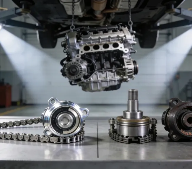Problemas no Motor EA888 ilustrados por kit de corrente e tensor Gen 3 atualizado ao lado de tensor antigo em bancada de oficina especializada em Jetta, Audi e Tiguan em Lavras/MG