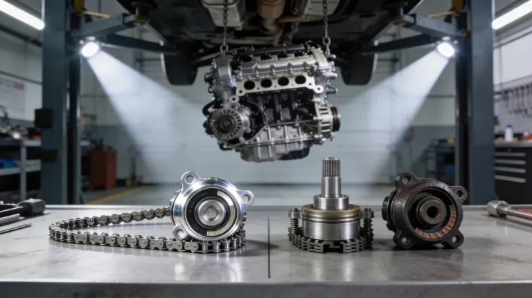 Problemas no Motor EA888 ilustrados por kit de corrente e tensor Gen 3 atualizado ao lado de tensor antigo em bancada de oficina especializada em Jetta, Audi e Tiguan em Lavras/MG