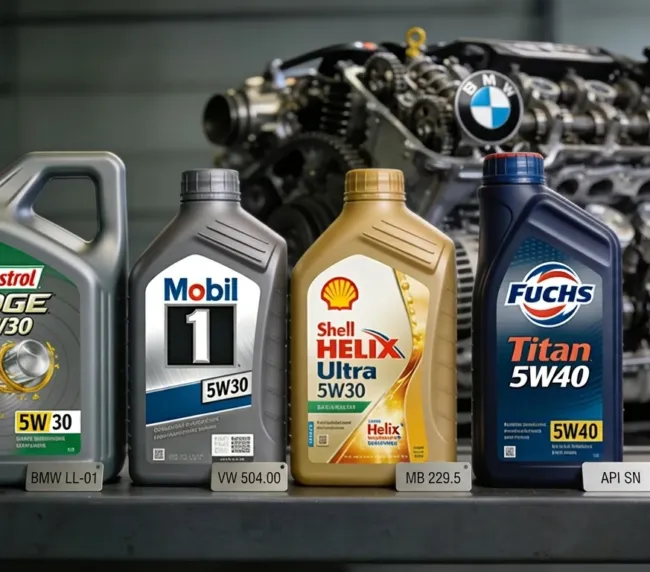 Qual óleo usar no BMW, Audi e Mercedes — frascos com homologação LL-01, VW 504.00 e MB 229.5 comparados em bancada de oficina especializada em Lavras/MG