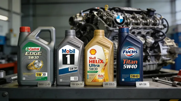 Qual óleo usar no BMW, Audi e Mercedes — frascos com homologação LL-01, VW 504.00 e MB 229.5 comparados em bancada de oficina especializada em Lavras/MG