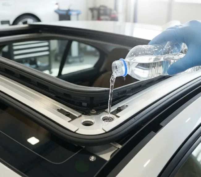 Técnico testando os drenos do teto solar de BMW para identificar entupimento e prevenir vazamento em oficina especializada em Lavras/MG, com trilhos e borracha de vedação visíveis