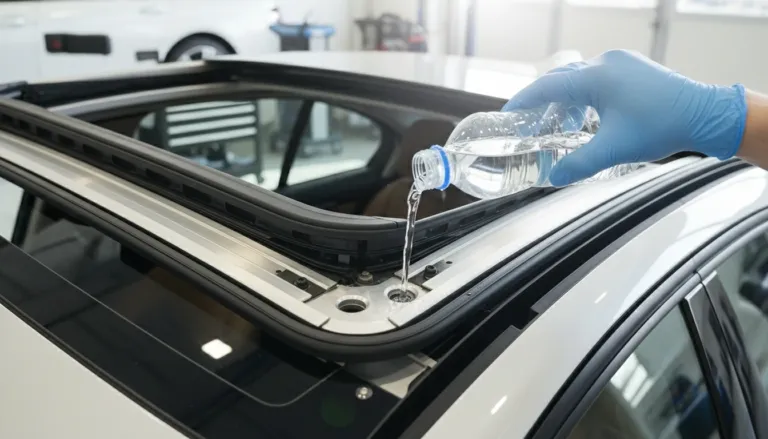 Técnico testando os drenos do teto solar de BMW para identificar entupimento e prevenir vazamento em oficina especializada em Lavras/MG, com trilhos e borracha de vedação visíveis