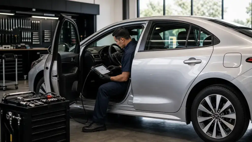 Técnico realizando diagnóstico eletrônico em Toyota Corolla Altis Hybrid com scanner especializado em oficina em Lavras MG