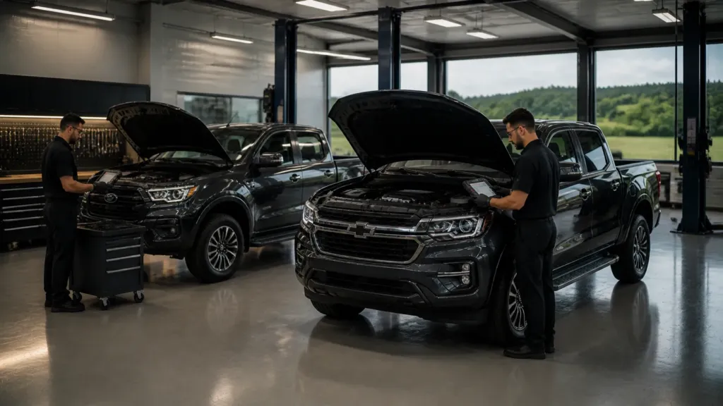 Ford Ranger e Chevrolet S10 em revisão preventiva com scanner em oficina de Lavras MG