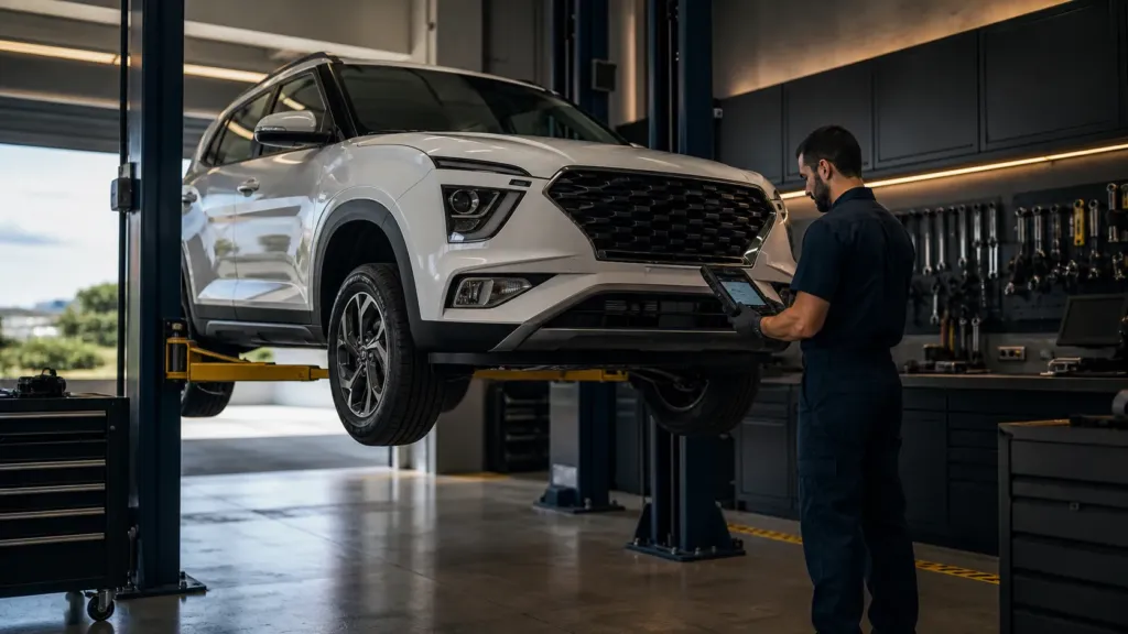  Hyundai Creta em revisão preventiva com técnico e scanner em oficina especializada em Lavras