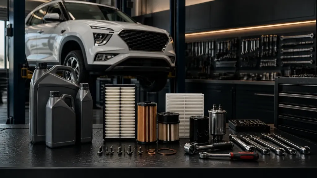 Filtros, óleo e componentes de revisão do Hyundai Creta organizados em oficina premium