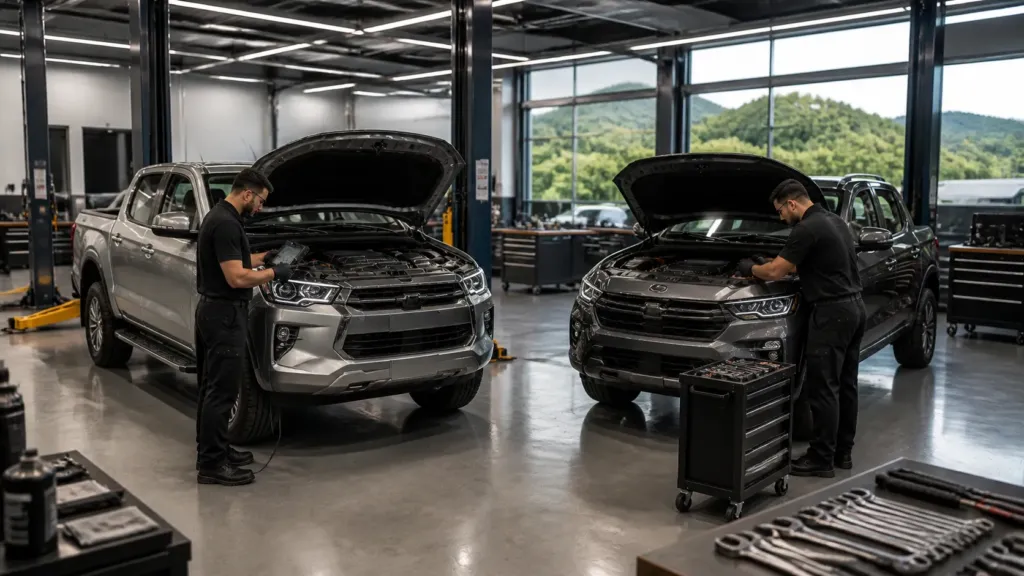 Mitsubishi L200 Triton e Fiat Toro em revisão preventiva com scanner em oficina de Lavras MG