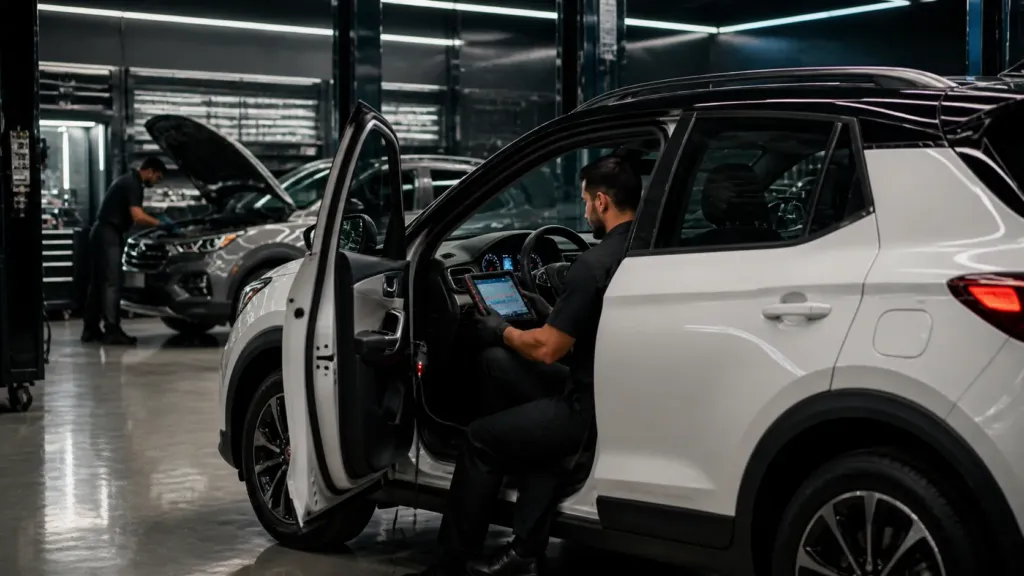 Scanner conectado a SUV compacto durante revisão preventiva em Lavras MG