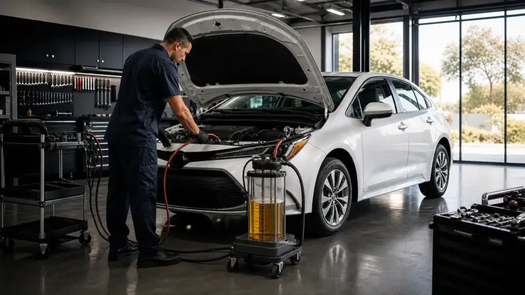Técnico realizando troca de fluido CVT em Toyota Corolla em oficina especializada em câmbio automático em Lavras