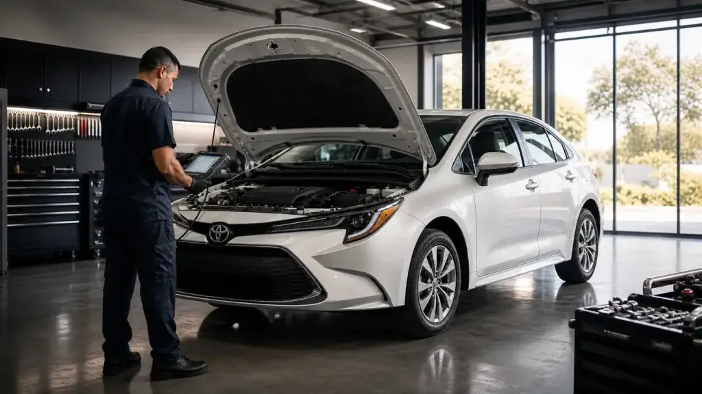 Toyota Corolla em revisão preventiva em oficina especializada em Lavras MG, com técnico e ferramentas profissionais
