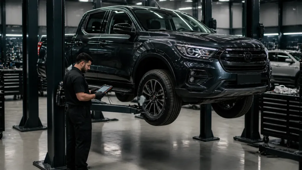 Toyota Hilux 4x4 diesel em revisão preventiva com scanner e elevador em Lavras MG