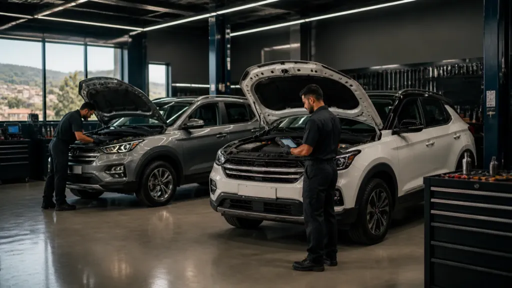 Chevrolet Tracker e VW T-Cross em oficina especializada em Lavras para revisão preventiva